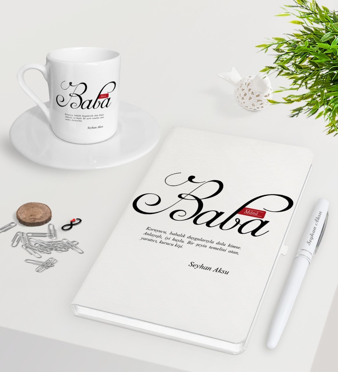 Kişiye Özel Mânâ Baba Beyaz Defter Kalem Türk Kahvesi Fincanı Seti-1