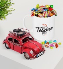 Kişiye Özel En İyi Öğretmen Plakalı Nostaljik Kırmızı Metal Vosvos ve Kupa Haribo Şeker Seti-13