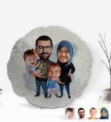 Kişiye Özel Tesettürlü Aile Karikatürlü Yuvarlak Dekoratif Kırlent Yastık-3