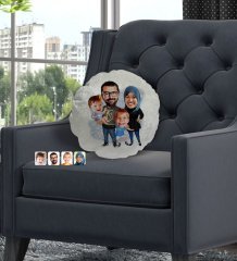Kişiye Özel Tesettürlü Aile Karikatürlü Yuvarlak Dekoratif Kırlent Yastık-3