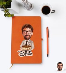 Kişiye Özel Erkek Doğum Günü Karikatürlü Turuncu Termo Deri Defter Kalem Seti Model 4