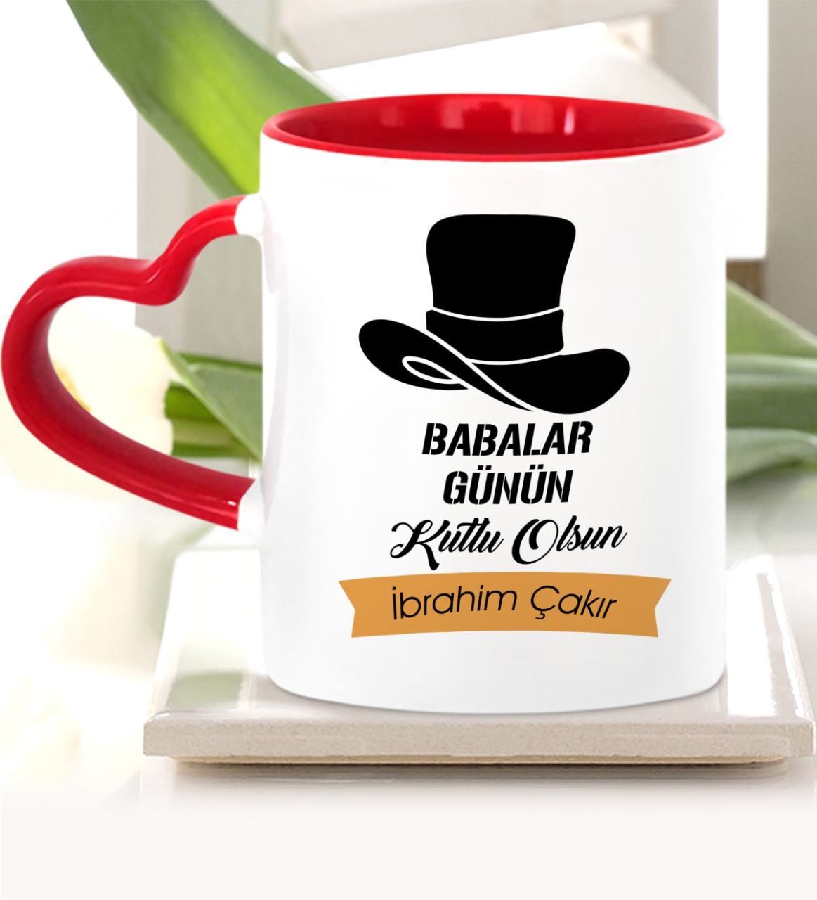 Kişiye Özel Babalar Günü Temalı Kırmızı Kalpli Kupa Bardak 24-506