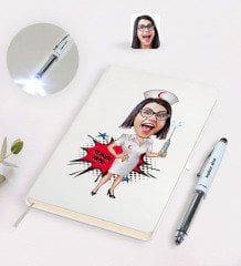 Kişiye Özel Hemşire Karikatürlü Defter ve Dokunmatik Işıklı Kalem Seti-1