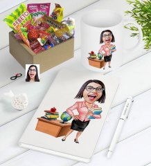 Kişiye Özel Bayan Öğretmen Karikatürlü Nostaljik Lezzetler Defter Kalem Kupa Seti-5