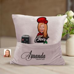 BK Gift Kişiye Özel Chef Karikatür Tasarımlı Organizer Kumanda ve Atıştırmalık Cepli Pembe Kırlent Yastık-2 Arkadaşa Hediye, Cepli Yastık