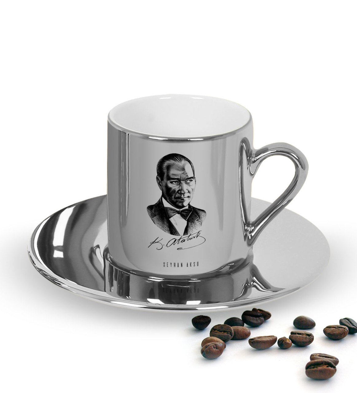 Kişiye Özel Atatürk Temalı Aynalı Gümüş Türk Kahvesi Fincanı-14