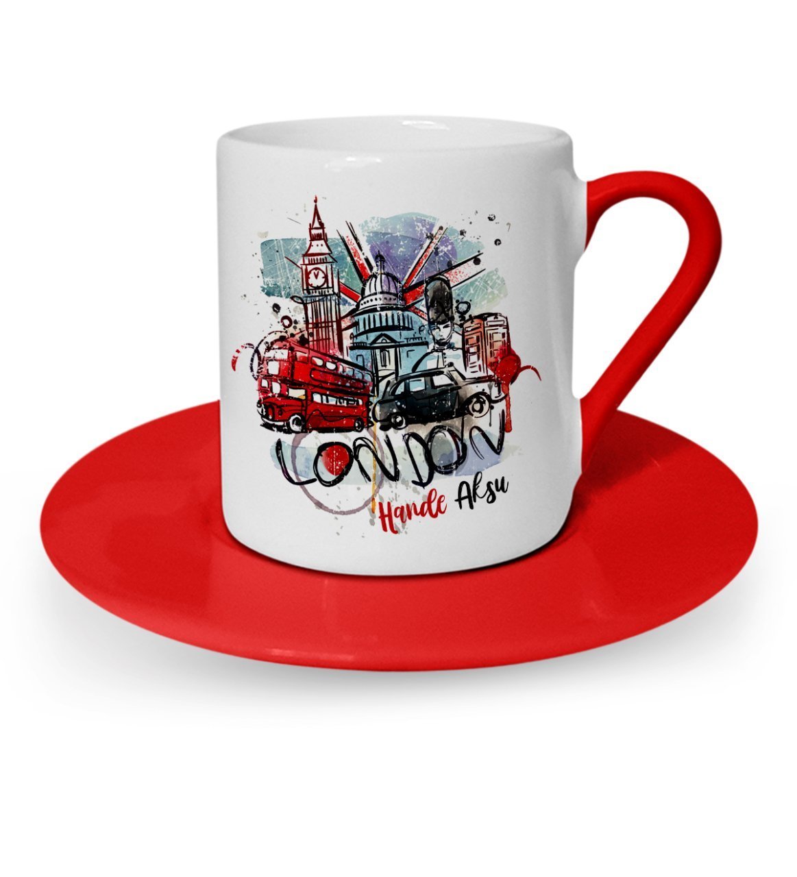 Kişiye Özel London Tasarımlı Kırmızı Türk Kahvesi Fincanı - 1