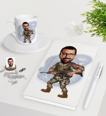 Kişiye Özel Asker Karikatürlü Beyaz Defter Kalem Türk Kahvesi Fincanı Seti-1