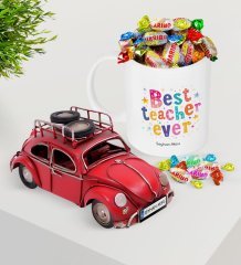 Kişiye Özel En İyi Öğretmen Plakalı Nostaljik Kırmızı Metal Vosvos ve Kupa Haribo Şeker Seti-12