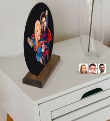 Kişiye Özel Süper Aile Karikatürlü Yuvarlak Ahşap Biblo-1