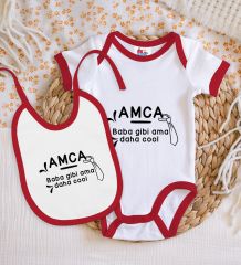 BK Kids Amca Baba Gibi Tasarımlı Kırmızı Bebek Body Zıbın ve Mama Önlüğü Hediye Seti-1