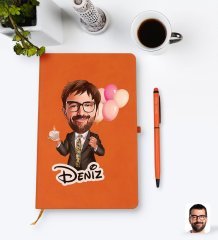 Kişiye Özel Erkek Doğum Günü Karikatürlü Turuncu Termo Deri Defter Kalem Seti Model 3