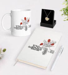 Kişiye Özel En İyi Öğretmen Beyaz Kupa Defter Kalem ve İsimli Papatya Kolye Hediye Seti-7