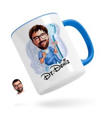 Kişiye Özel Erkek Diş Hekimi Karikatürlü Mavi Kupa Bardak-2