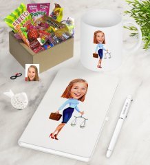 Kişiye Özel Bayan Avukat Karikatürlü Nostaljik Lezzetler Defter Kalem Kupa Hediye Seti-3