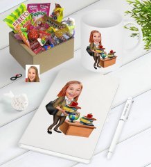 Kişiye Özel Bayan Öğretmen Karikatürlü Nostaljik Lezzetler Defter Kalem Kupa Seti-4