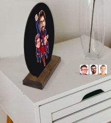 Kişiye Özel Süper Baba ve Çocuklar Karikatürlü Yuvarlak Ahşap Biblo-1