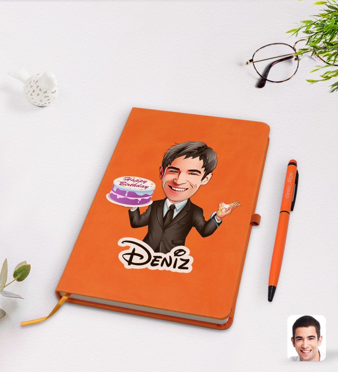 Kişiye Özel Erkek Doğum Günü Karikatürlü Turuncu Termo Deri Defter Kalem Seti Model 2