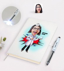 Kişiye Özel Kadın Diş Hekimi Karikatürlü Defter ve Dokunmatik Işıklı Kalem Seti-3