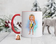 Bk Gift Kişiye Özel Kadın Yüzücü Karikatürlü Kırmızı Kupa Bardak-1, Sevgiliye Hediye, Arkadaşa Hediye