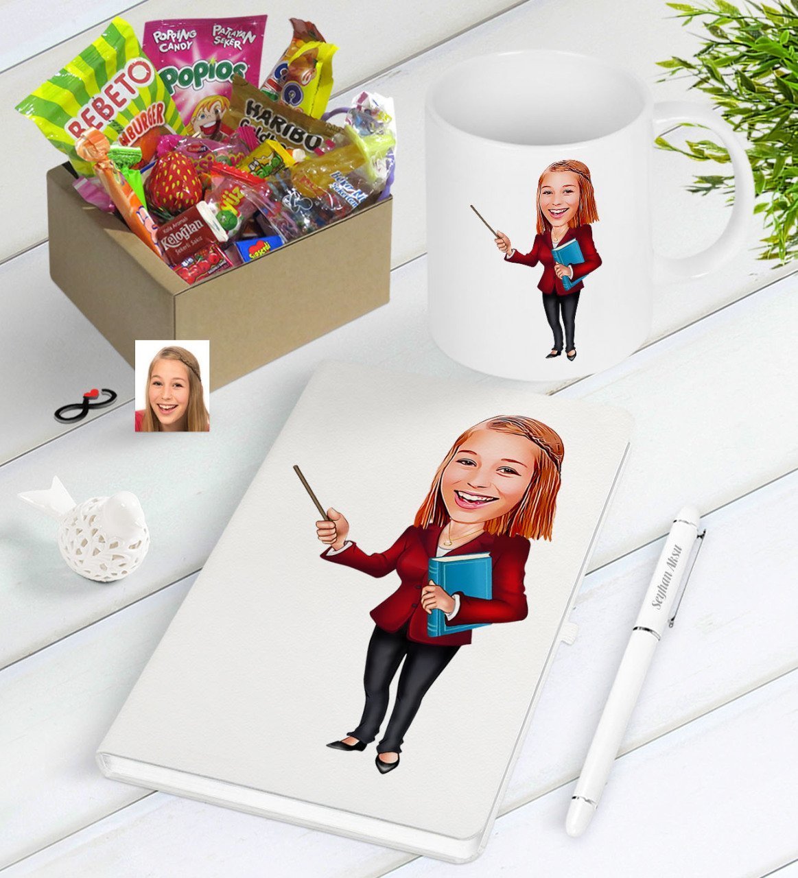 Kişiye Özel Bayan Öğretmen Karikatürlü Nostaljik Lezzetler Defter Kalem Kupa Seti-3