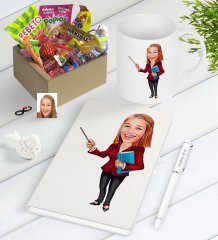 Kişiye Özel Bayan Öğretmen Karikatürlü Nostaljik Lezzetler Defter Kalem Kupa Seti-3