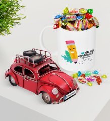 Kişiye Özel En İyi Öğretmen Plakalı Nostaljik Kırmızı Metal Vosvos ve Kupa Haribo Şeker Seti-10