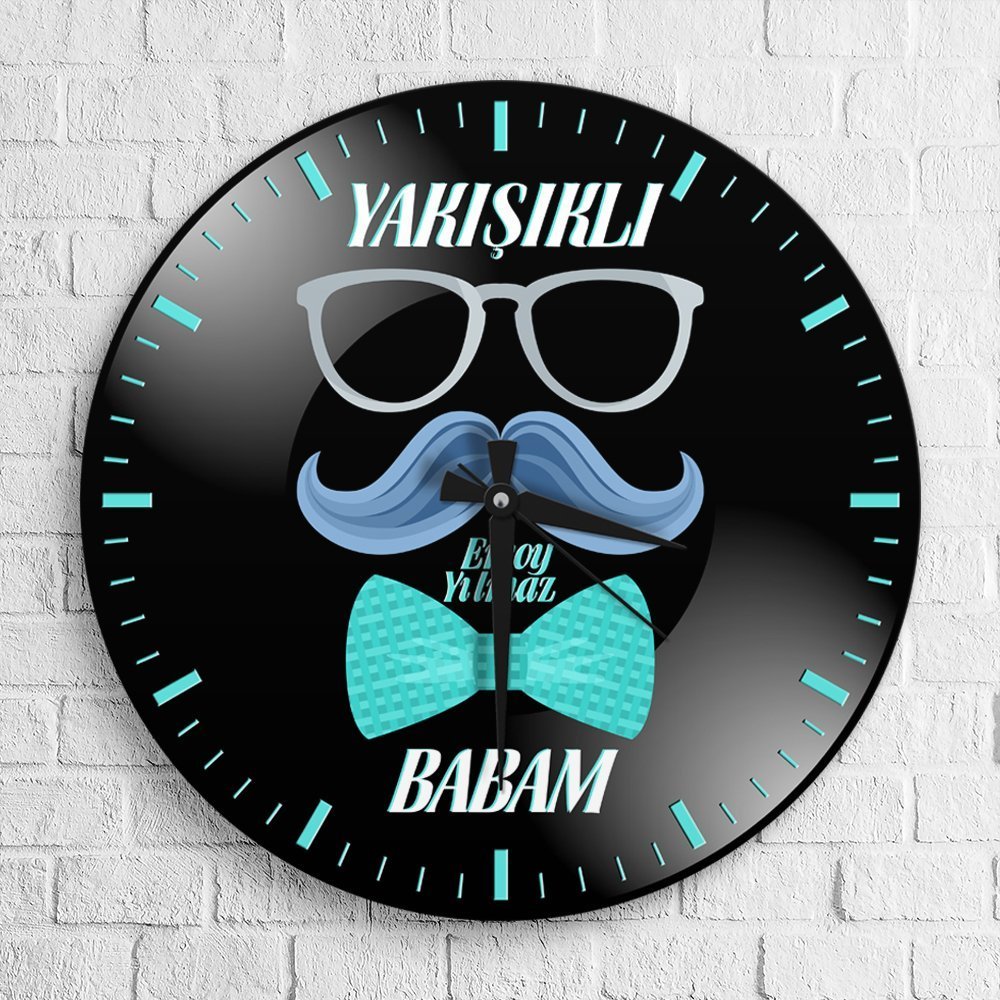 Kişiye Özel Yakışıklı Babam Tasarımlı Ahşap Yuvarlak Duvar Saati - 1