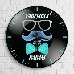 Kişiye Özel Yakışıklı Babam Tasarımlı Ahşap Yuvarlak Duvar Saati - 1