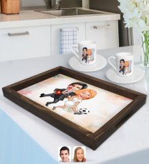 Kişiye Özel Sevgililer Karikatürlü Doğal Ahşap Tepsi ve 2’li Kahve Fincan Seti-15
