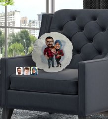 Kişiye Özel Tesettürlü Aile Karikatürlü Yuvarlak Dekoratif Kırlent Yastık-2