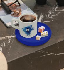 Kişiye Özel Mavi Sunum Tabaklı Nazar Boncuğu Temalı Türk Kahvesi Fincanı - 1, Arkadaşa Hediye, Doğum Günü Hediyesi