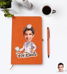 Kişiye Özel Erkek Diş Hekimi Karikatürlü Turuncu Termo Deri Defter Kalem Seti Model 3