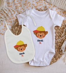 BK Kids Havalı Ol Tasarımlı Bebek Body Zıbın ve Mama Önlüğü Hediye Seti - Model 1