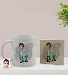 Kişiye Özel Erkek Eczacı Karikatürlü Beyaz Kupa Bardak ve Ahşap Bardak Altlığı Hediye Seti - Model 1
