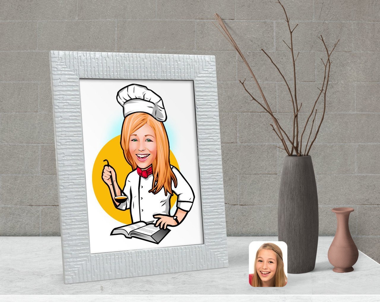 Kişiye Özel Kadın Chef Karikatürlü Dekoratif Çerçeve-12