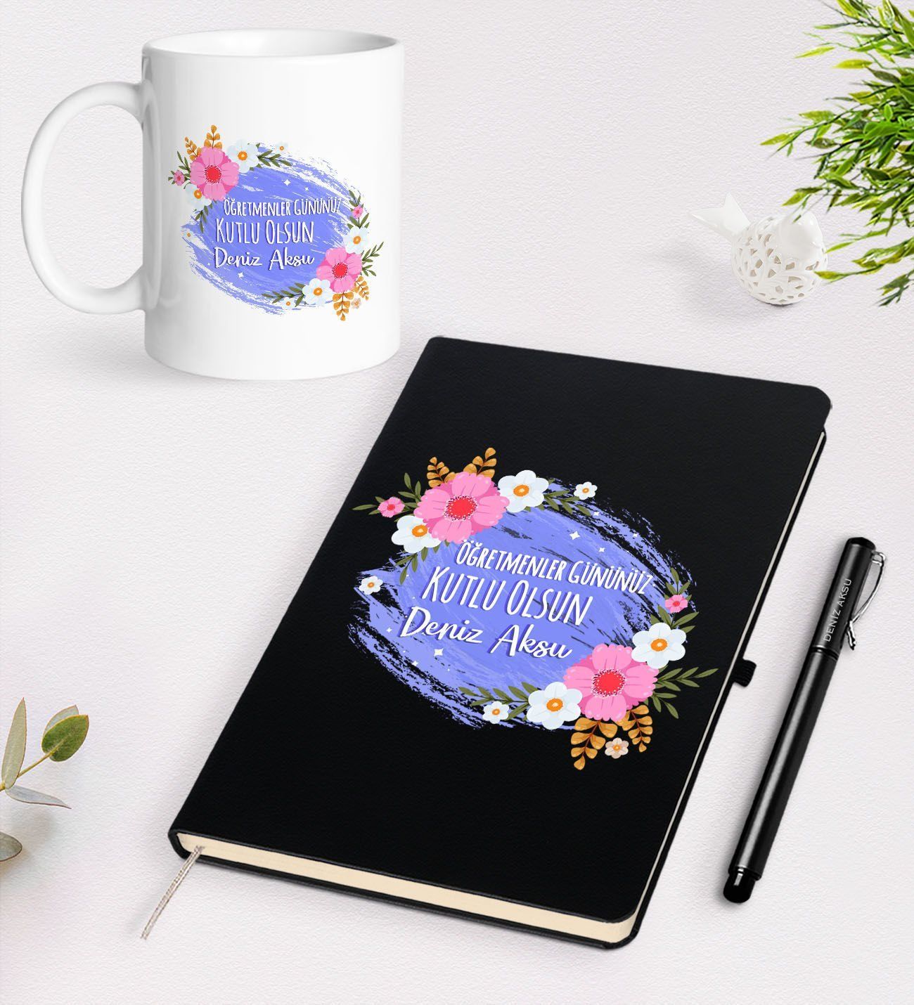 BK Gift Kişiye Özel Öğretmenler Günü Tasarımlı Siyah Defter Kalem Kupa Seti - 4