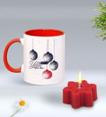 Yılbaşı Hediyesi BK Gift Kişiye Özel Yeni Yıl Tasarımlı Kırmızı Kupa Bardak ve Kırmızı Kar Tanesi Kokulu Mum Hediye Seti-11, Sevgiliye, Arkadaşa Hediye