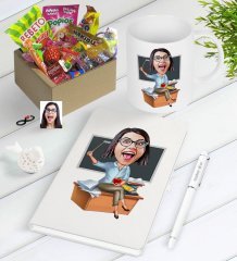 Kişiye Özel Bayan Öğretmen Karikatürlü Nostaljik Lezzetler Defter Kalem Kupa Seti-2