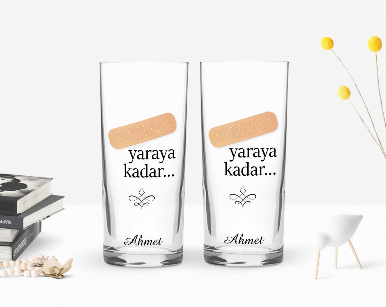 Kişiye Özel Renkli Baskılı Yaraya Kadar Tasarımlı İkili Rakı Bardağı Seti-1