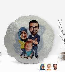 Kişiye Özel Tesettürlü Aile Karikatürlü Yuvarlak Dekoratif Kırlent Yastık-1