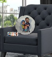 Kişiye Özel Tesettürlü Aile Karikatürlü Yuvarlak Dekoratif Kırlent Yastık-1