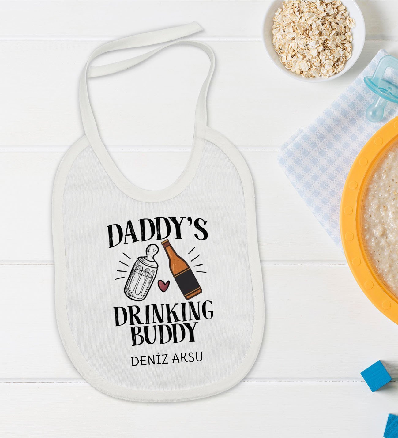 BK Kids Kişiye Özel Daddy's Drinking Buddy Tasarımlı Bebek Mama Önlüğü - Model 2
