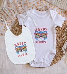 BK Kids Happy Summer Tasarımlı Bebek Body Zıbın ve Mama Önlüğü Hediye Seti - Model 1