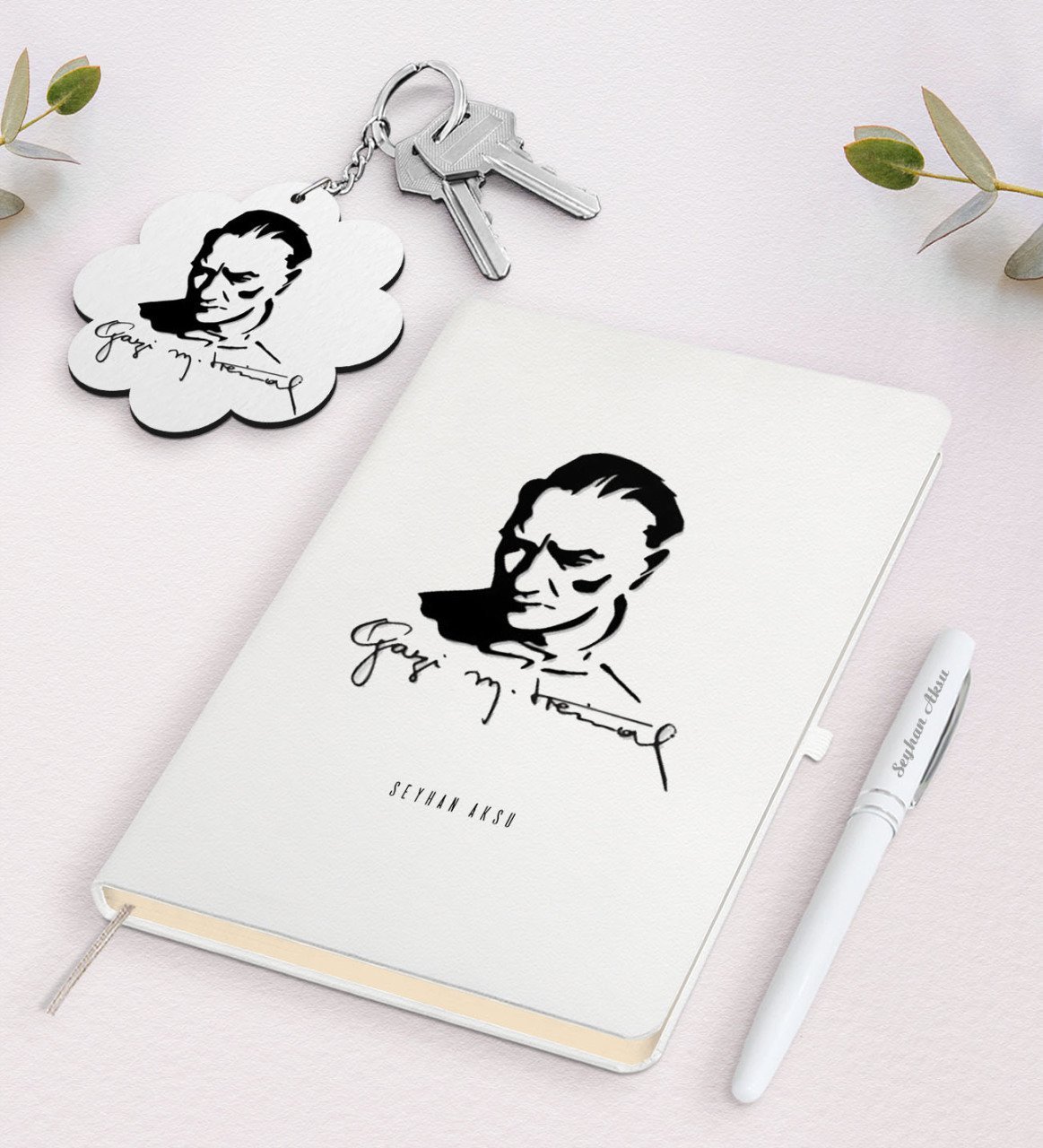 Kişiye Özel Atatürk Temalı Beyaz Defter Kalem ve Anahtarlık Hediye Seti-19