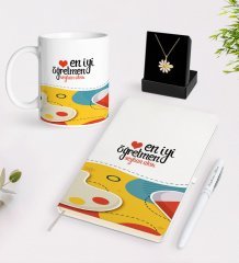 Kişiye Özel En İyi Öğretmen Beyaz Kupa Defter Kalem ve İsimli Papatya Kolye Hediye Seti-4