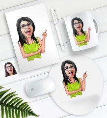 Kişiye Özel Bayan Karikatürlü Defter Kalem Kupa Mouse Pad Seti-19