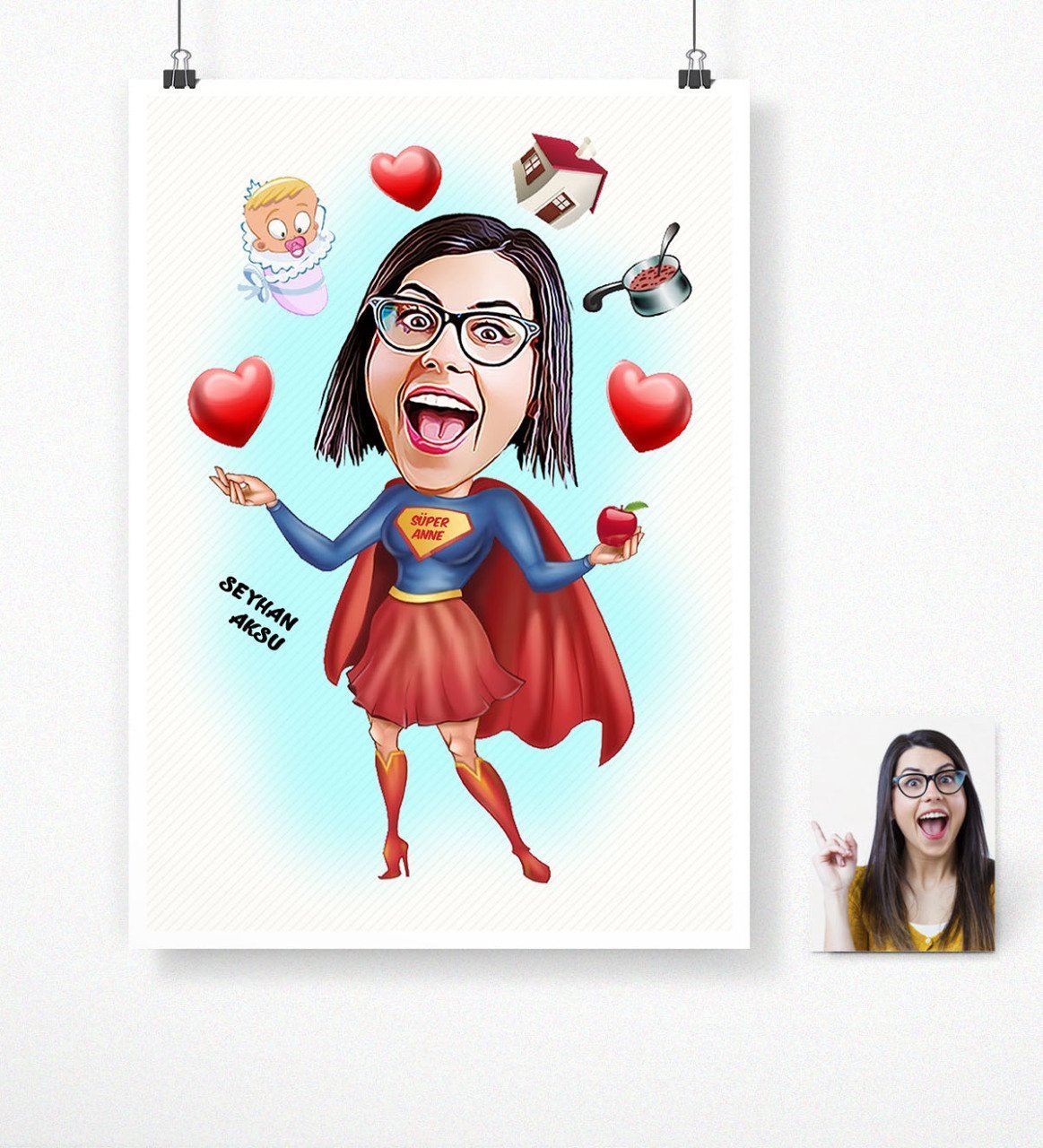 Kişiye Özel Süper Anne Karikatür Afiş Poster (50 x 70 cm.)