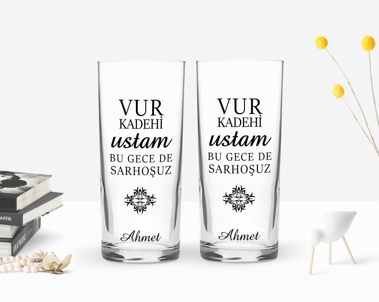 Kişiye Özel Renkli Baskılı Vur Kadehi Ustam Tasarımlı İkili Rakı Bardağı Seti-1