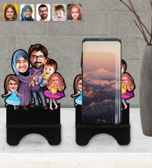 Kişiye Özel Aile Karikatürlü Ahşap Biblo Telefon Standı-9